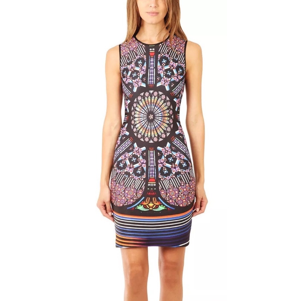 Clover Canyon Stained Glass Rose Window Print Sleeveless Sheath Dress Sz Medium